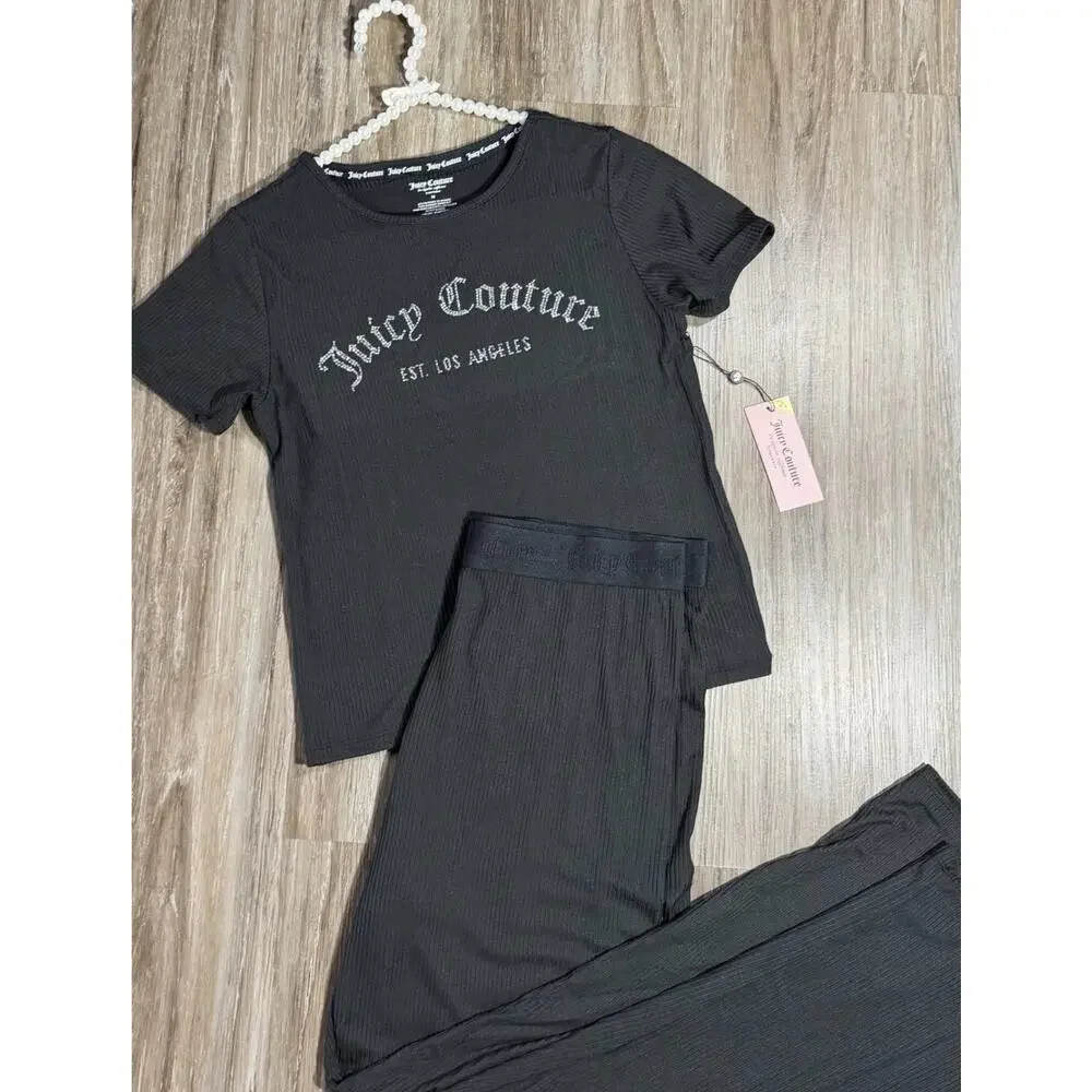 Juicy Couture NWT 2PC Short Sleeve Top & Long Pants Pajama Set, BLACK - MEDIUM